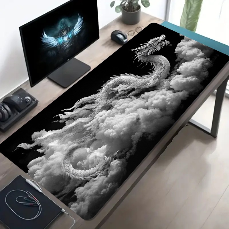 Desk Setup Black And White - Mouse Pad Gamer Dragão Preto e